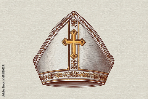 Pope's mitre hat, flat vector illustration with white background and brown outlines