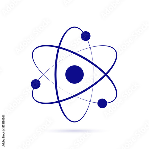 Atom icon. Quantum physics. Blue color logo isolated on white background. Medical symbol. Nuclear energy. Molecule structure. Fusion reactor. Proton core. Atomic neutron power. Vector illustration