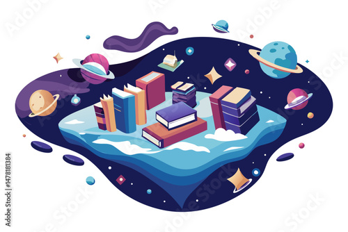 A whimsical illustration depicts a floating island with stacks of colorful books, surrounded by planets, stars, and open books floating in a dark, starry space.