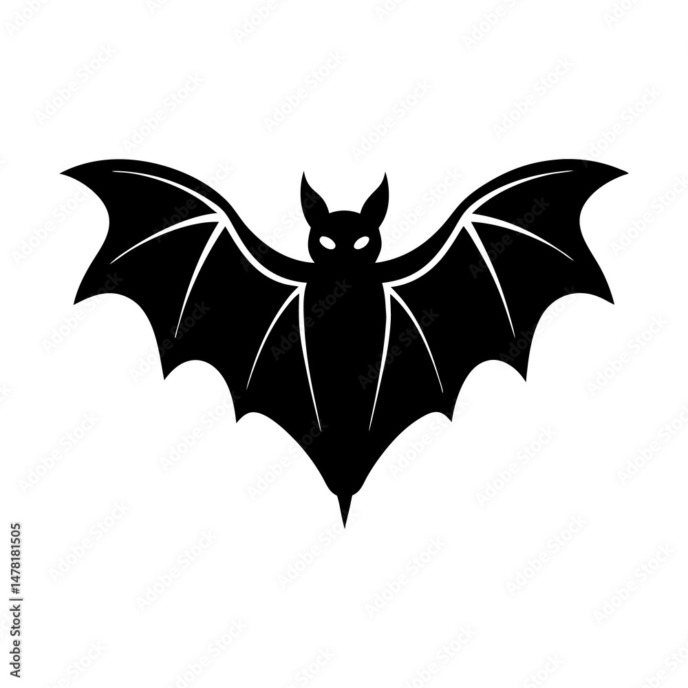 Obraz premium Cartoon bat silhouette flying on a white background, cute Halloween animal design with wings and smiling face, perfect for a spooky and fun holiday theme