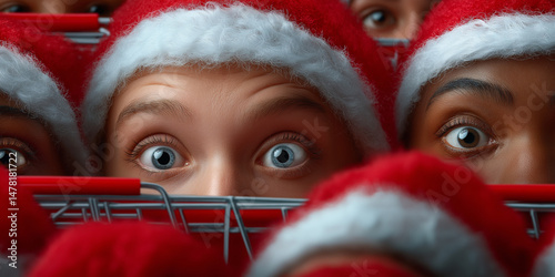 Nahaufnahme von Menschen mit Weihnachtsmützen, die durch einen schmalen Spalt zu sehen sind, mit überraschtem Gesichtsausdruck photo