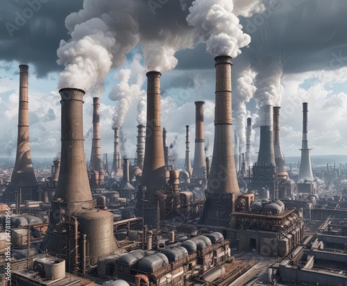 A sprawling complex of smokestacks and cooling towers against a cloudy sky, manufacturing, power generation