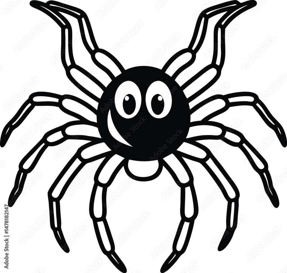 Obraz premium Vector Icon of a Black Spider with Eight Legs and Big Eyes in Cute and Spooky Cartoon Style Isolated on Transparent Background Cute Cartoon Spider Icon, Halloween Black Spider, Funny Insect Vector