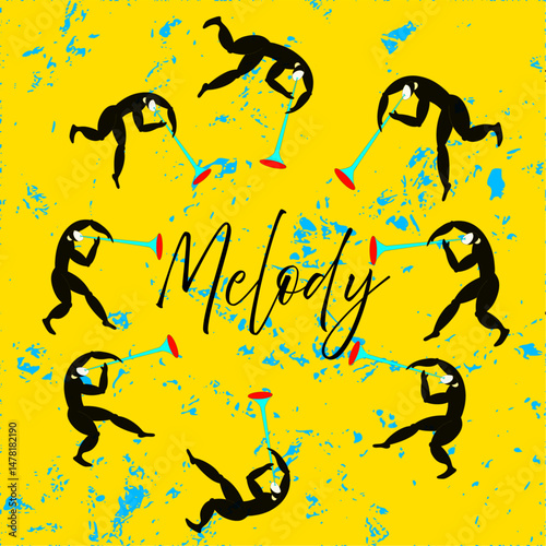 MELODY. Silhouettes of trumpeters on a Yellow background. Musical poster-postcard.