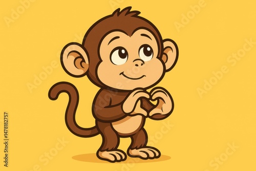 A cartoon monkey with a bashful grin, holding an oversized invisible heart in its hands on a bright yellow background