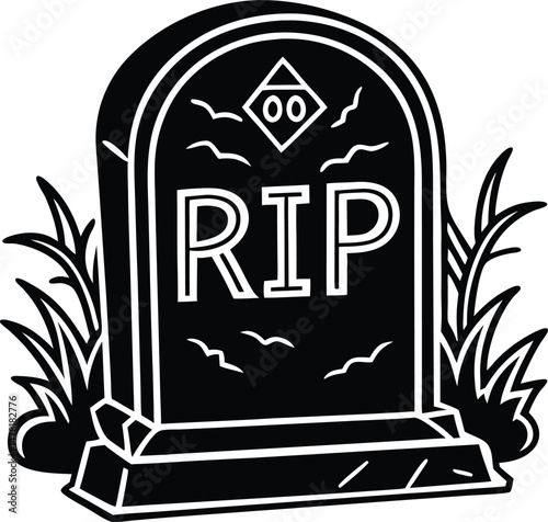 Silhouette Vector Icon of a Spooky Tombstone with RIP Text Moss Detail and Cracked Stone Texture for Halloween Graveyard Theme
RIP Tombstone Silhouette Icon, Halloween Grave Vector, Spooky Headstone  