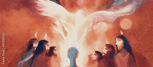 A radiant dove of the Holy Spirit descends upon gathered believers in a Pentecost scene, watercolor