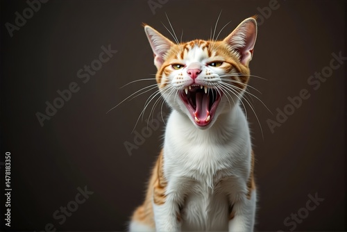 An orange and white cat with its mouth open, showing sharp teeth, against a dark background. Ideal for use in materials related to pet portraits, animal behavior studies, or bold visual designs.