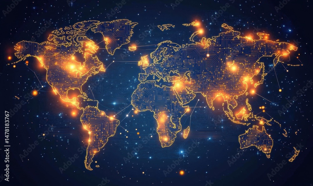 Fototapeta premium Digital world map with circuit board patterns and glowing connections, symbolizing global connectivity in technology and digital marketing Generative AI