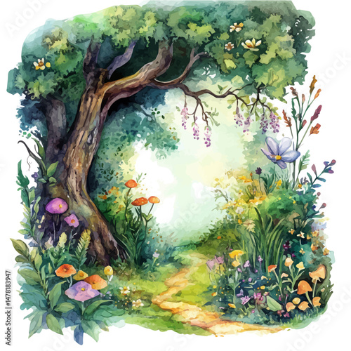 Fairy Glade, watercolor vector, isolated on a white background.