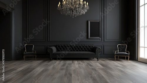 Elegant Black Interior Design: Dark Living Room with Crystal Chandelier