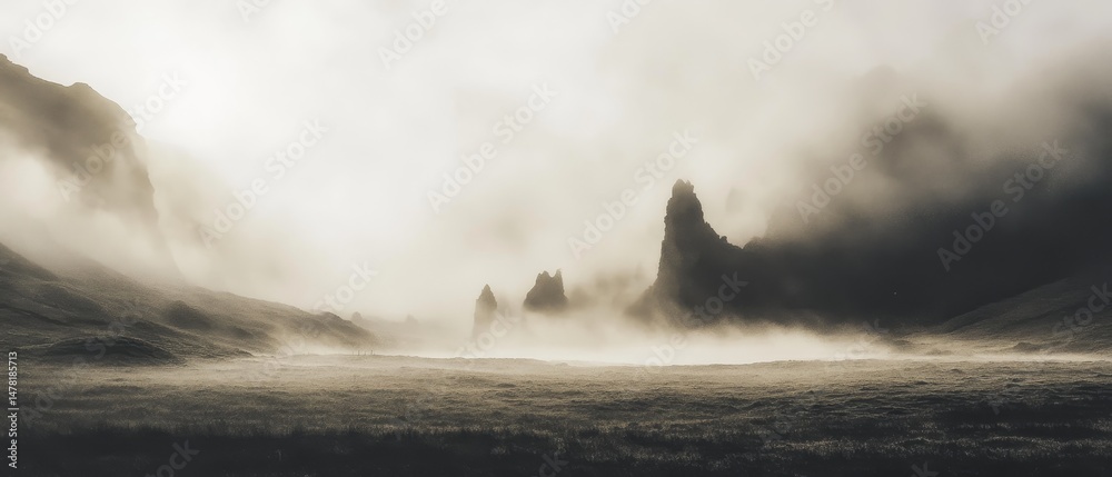 custom made wallpaper toronto digitalA foggy mountain range with a large rock in the foreground