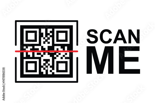 Centered black and white QR code with 'SCAN ME' in bold sans-serif. Minimalist, symmetrical design on clean background. Neutral, functional aesthetic for digital use. No people or context. Black/white