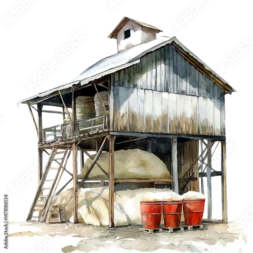 watercolor vector of Fodder Storage, isolated on a white background.