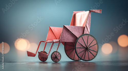 Origami paper wheelchair with round wheels on smooth surface