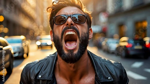 Angry Man Yelling in Busy City Street During Golden Hour