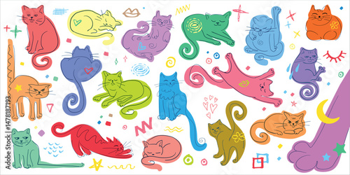 Colorful funny cat poses collection