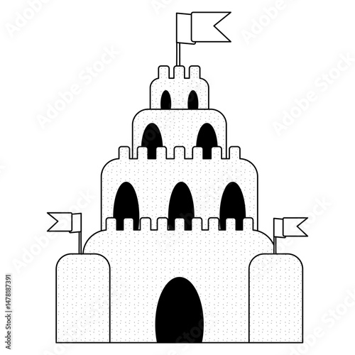 Coloring page with summer outline vector drawing of child sand castle with flags. Children game. Ideal for entertaining kids, summertime, beach, and outdoor activity black and white design, DIY craft.
