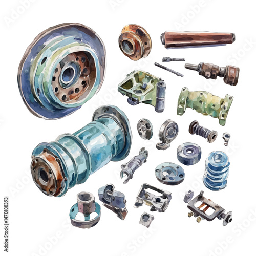 Spare Parts, watercolor vector, isolated on a white background.