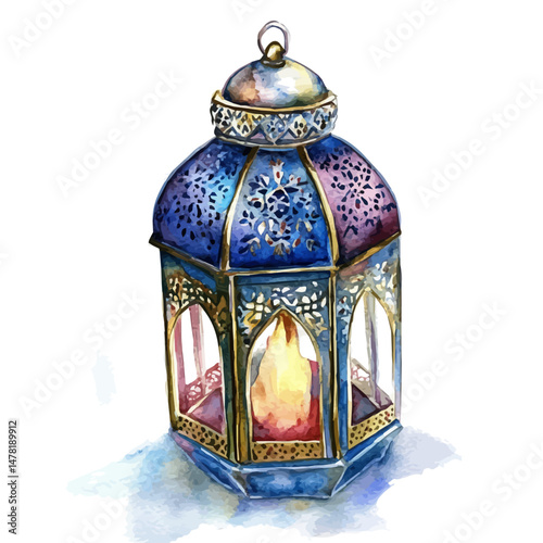 Eid Mubarak Lantern, watercolor illustration, isolated on a white background.