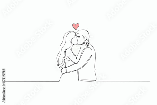  Elegant minimal line art vector of a couple kissing, drawn in a single continuous stroke with a heart above them. Clean and modern aesthetic on white background