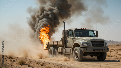 Truck with burning tire driving on dusty road