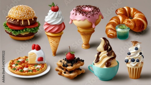 Three Dimensional Vector Icons of Delicious Food Items Collection