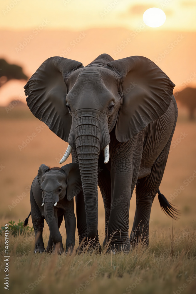 Obraz premium Mother elephant walking with baby elephant at sunset in savanna 