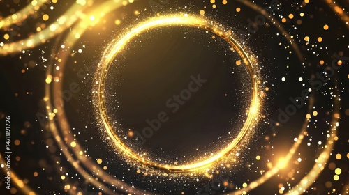Glowing golden circle frame with sparkles on black background.