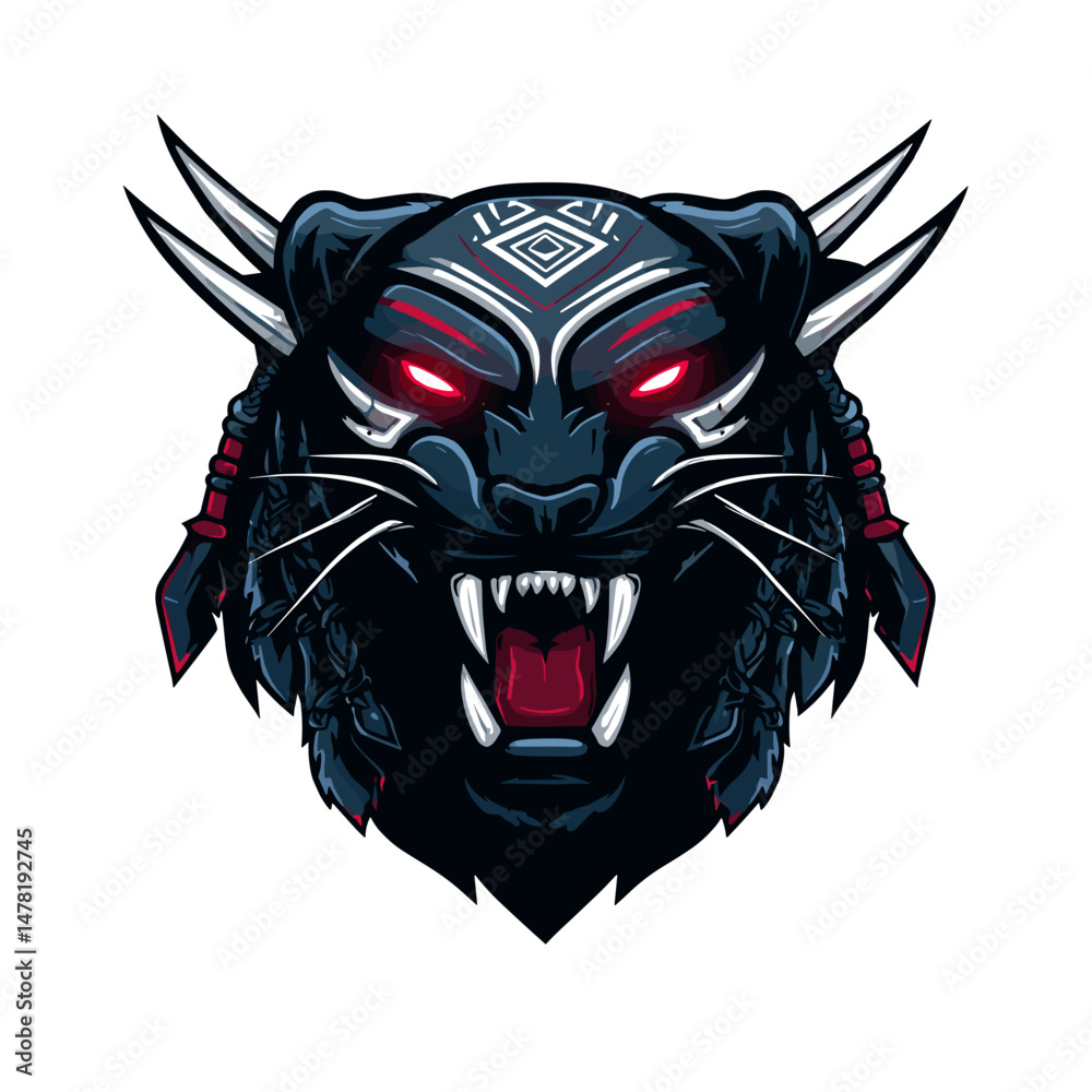 Fototapeta premium Fierce black panther esports logo featuring vibrant red eyes and intricate tribal designs for modern gaming teams