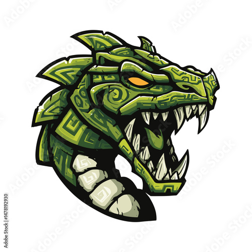 Esports logo featuring a fierce dragon head with intricate designs and vibrant green colors designed for competitive teams