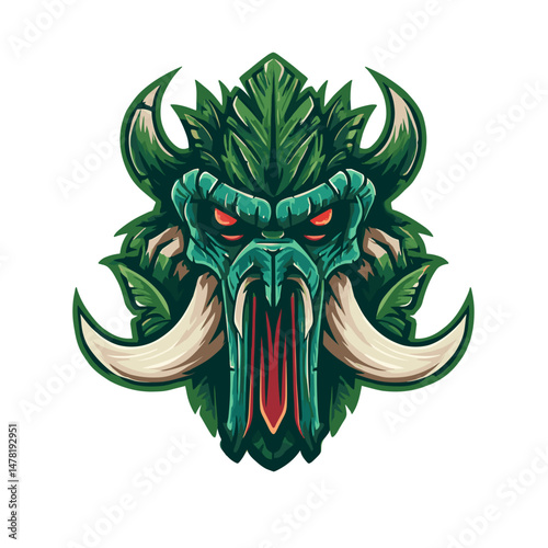 Unique vector esports logo design featuring a fierce creature with tusks and foliage elements for gaming teams