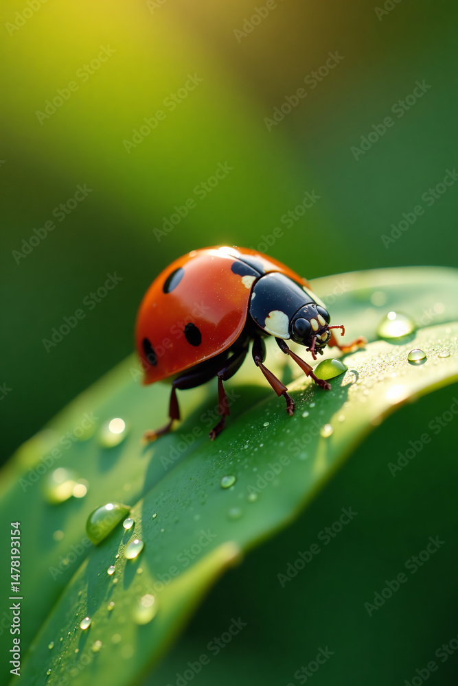 Fototapeta premium Red ladybug on green leaf with water droplets in natural setting 