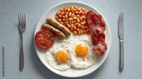 Traditional Full English Breakfast with Eggs, Bacon, Sausage, and Beans