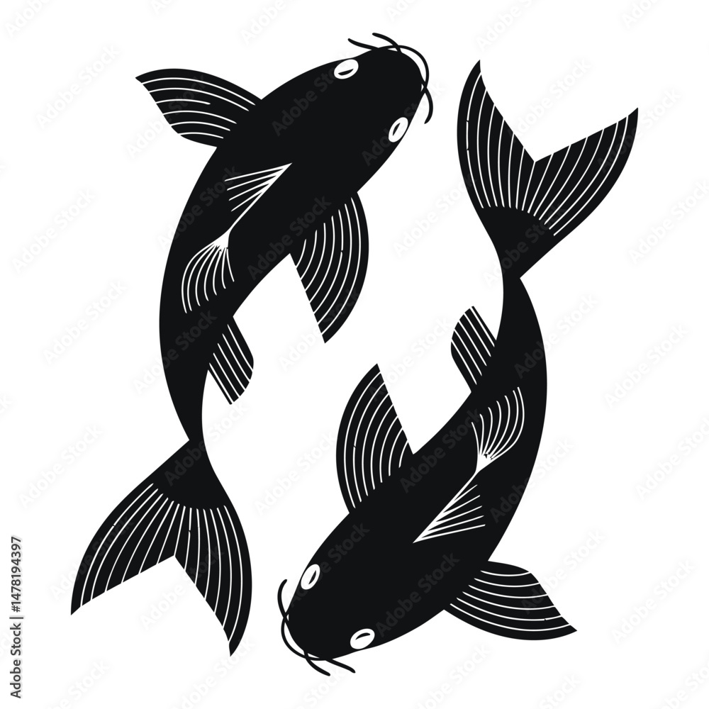 Obraz premium two stylized koi fish silhouettes, black on white, arranged in a harmonious, symmetrical design.