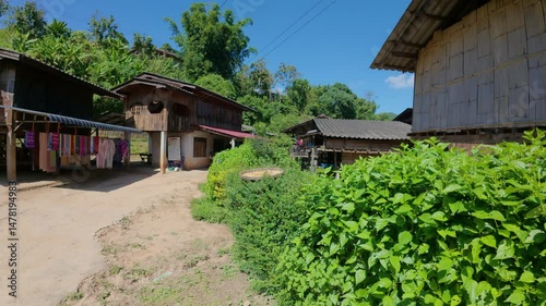 Traditional wooden stilt houses with hanging fabrics in a rural Chiang Mai village landscape.
