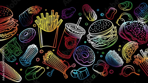 Colorful Line Art of Fast Food Icons and Sweets on Black Background