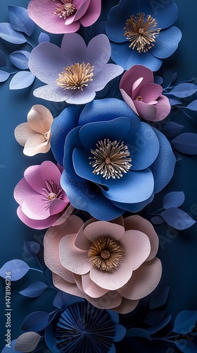 Paper flowers in shades of blue and pink