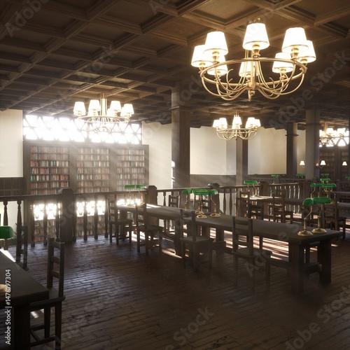 Empty two story university study area with wooden furniture. School library room with chandeliers, desks and classic green lamps, illuminated by soft natural light filtering through windows
