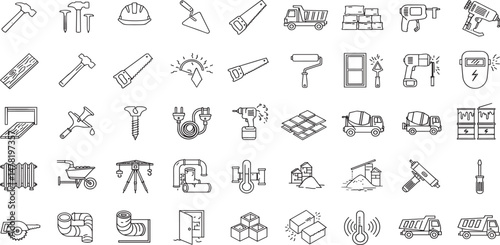 Construction Equipment and Materials Line Editable Icons set. Vector illustration in modern thin line style of construction related icons: hand, electric, machine tools, and more