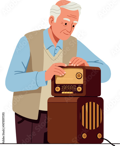 Elderly man adjusting vintage radio receiver indoors vector illustration 