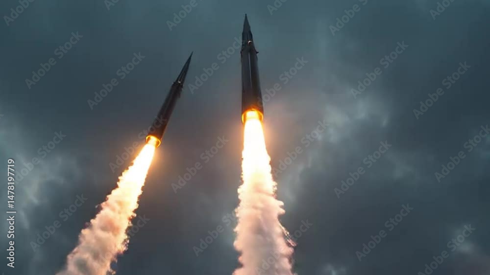Powerful Rocket Launch Sequence During Military Parade at Sunset Featuring Armored Missile Trucks