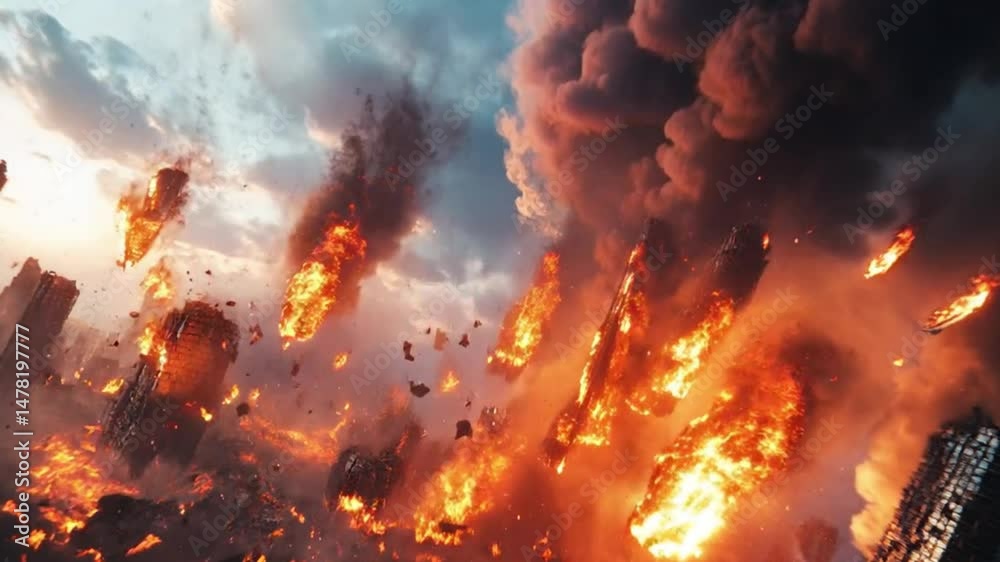 Skyscrapers Exploding in Flames and Collapsing into Rubble During a Catastrophic Urban Apocalypse with Fireballs