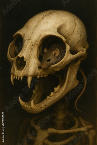 Macabre Monkey Skeleton with Sharp Fangs and Curious Mouse in Skull Cavity Symbolizing Decay and Survival