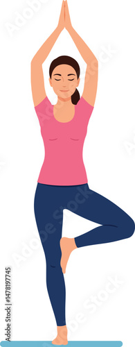 Woman practicing yoga tree pose in pink top and blue pants vector illustration 