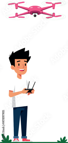 Man operating pink drone remote control flying technology gadget vector illustration 