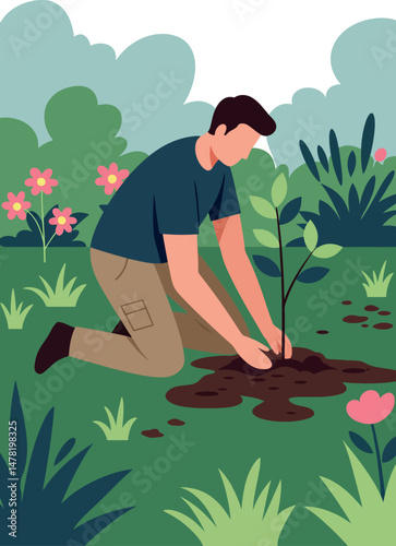 Man Planting Young Tree in Garden with Greenery and Flowers Vector Illustration 
