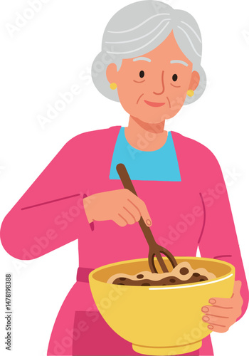 Elderly Woman Mixing Ingredients in Yellow Bowl Cooking Illustration Vector 