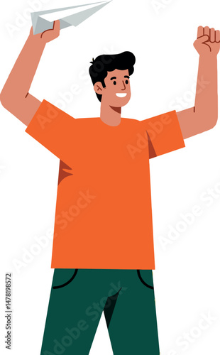 Young man throwing paper airplane in orange shirt and green pants vector illustration 