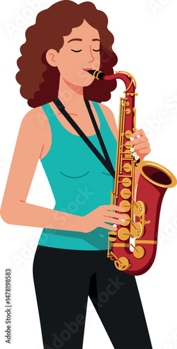 Woman playing saxophone with curly hair and turquoise top vector illustration 